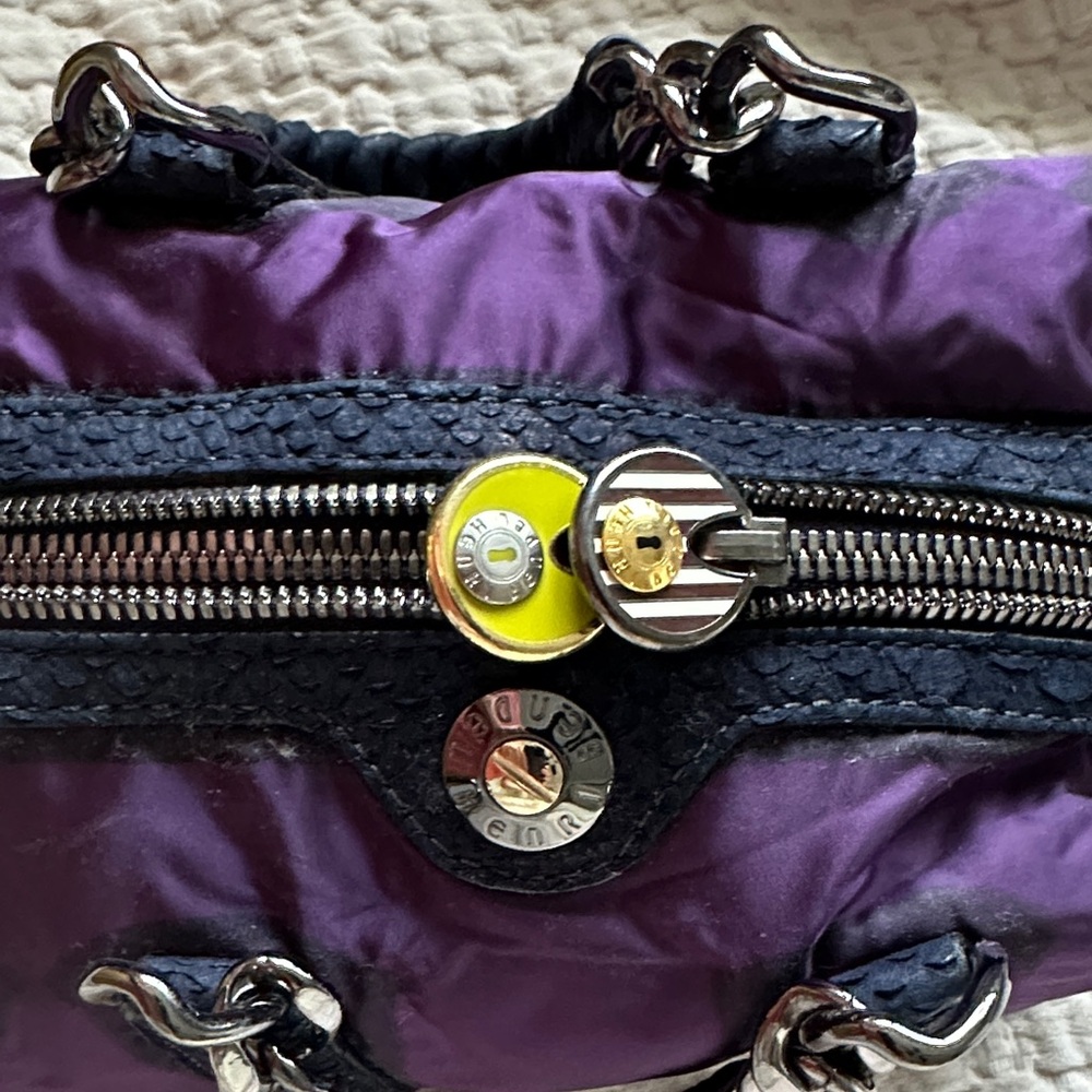 Henri Bendel Purple satin bag with Navy Blue and silver accents - Picture 6 of 16